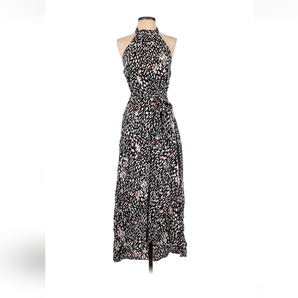 Halter High-Low Skirt in Black with White and Coral Print